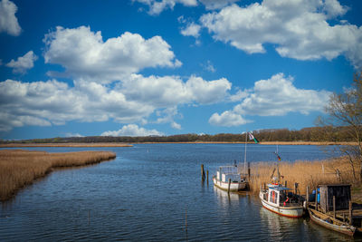 Sailboats moored in lake against sky