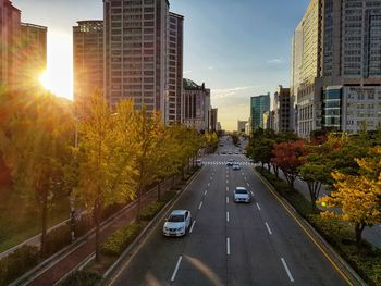 Road amidst buildings against sky during autumn