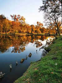 Scenic view of lake by trees against sky