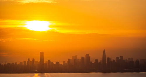 Scenic view of buildings against sky during sunset