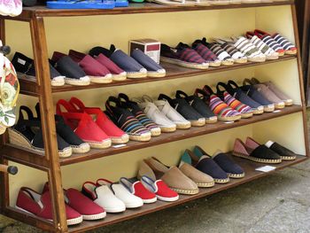 High angle view of shoes for sale