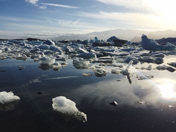 Aerial view of frozen lake against sky