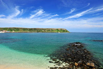 Scenic view of sea against blue sky