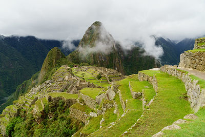 High angle view of machu picchu against sky