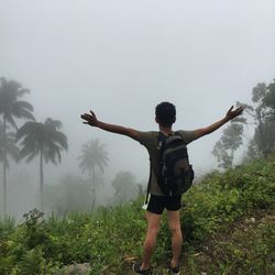 Rear view of man with arms outstretched standing on land