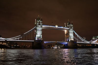 View of suspension bridge in city at night