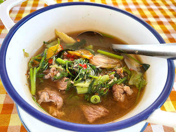 High angle view of soup in bowl on table