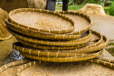 Close-up of stack of table