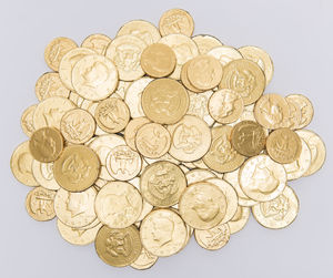 Close-up of coins against white background