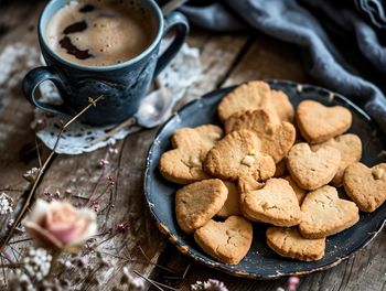 High angle view of cookies on table