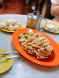 High angle view of food in plate on table