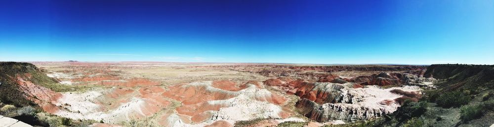 Panoramic view of desert against clear blue sky