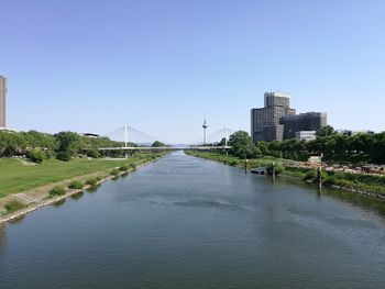 River amidst buildings against clear blue sky