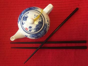 High angle view of tea cup on table