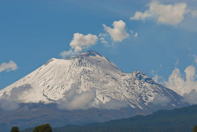 Low angle view of snow covered mountain against sky