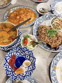 High angle view of food served on table