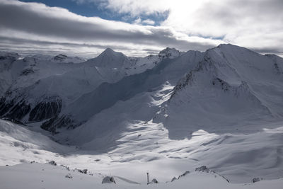 Scenic view of snow covered mountains against sky