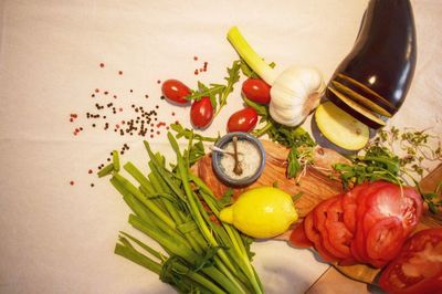 High angle view of vegetables on table