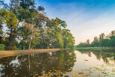 Scenic view of lake by trees against sky