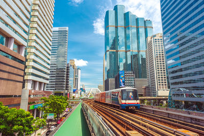 Railroad tracks amidst buildings in city against sky