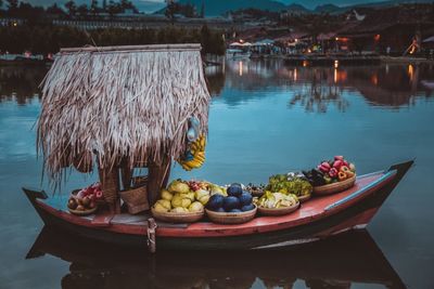 Panoramic view of fruits in lake
