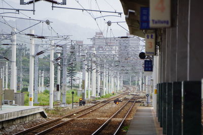Train on railroad tracks in city against sky