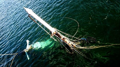 High angle view of fishing net in lake