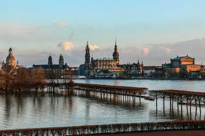 River in city against sky during sunset