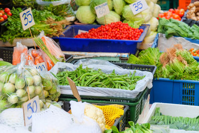 High angle view of vegetables for sale at market stall