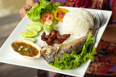 High angle view of food served on table