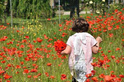 Young woman standing amidst yellow flowering plants on field