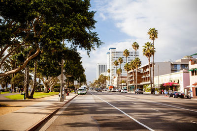 Street amidst trees and buildings in city against sky