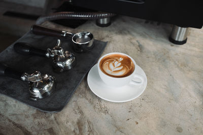 High angle view of coffee on table