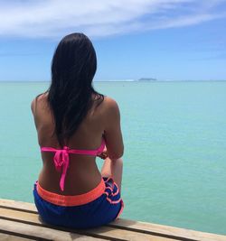 Rear view of sensuous woman sitting on pier over sea