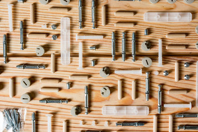 Full frame shot of work tools on wooden table