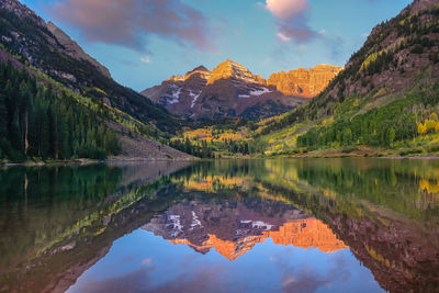 Scenic view of lake by mountains against sky