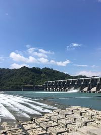 Scenic view of river against blue sky