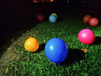 High angle view of multi colored ball on field