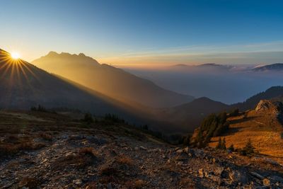 Scenic view of mountains against sky during sunset