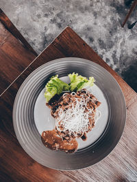 High angle view of food in plate