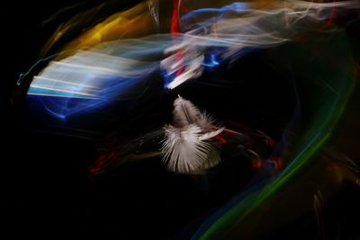 Close-up of illuminated lighting equipment against black background