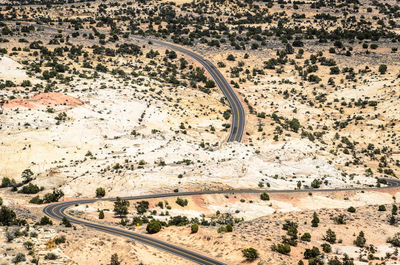 High angle view of road passing through desert