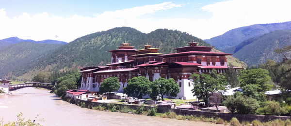 View of building with mountain range in background