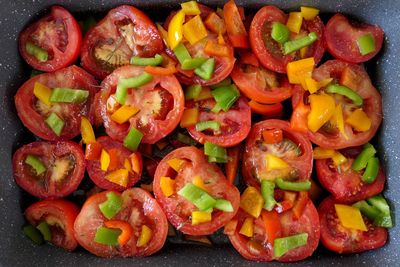 High angle view of chopped vegetables in container