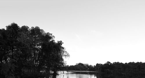 Trees by lake against clear sky