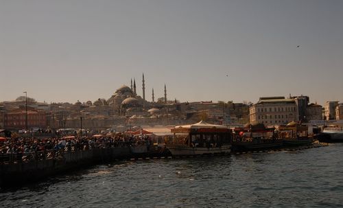 View of harbor against clear sky