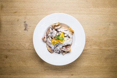 High angle view of food in plate on table