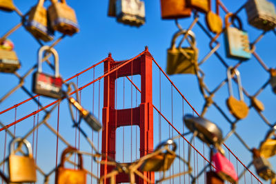 Close-up of padlocks on fence