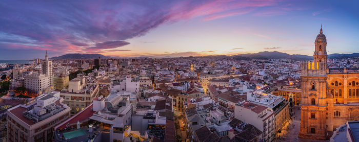 High angle view of townscape against sky during sunset