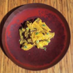 High angle view of pasta in bowl on table